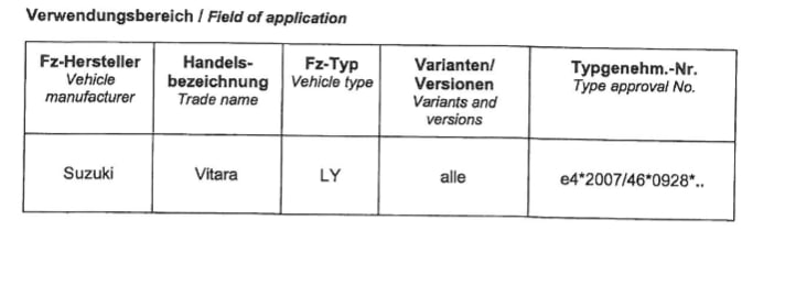 Suzuki Vitara Bj. 15: COBRA Frontschutzbügel Verwendungsbereich