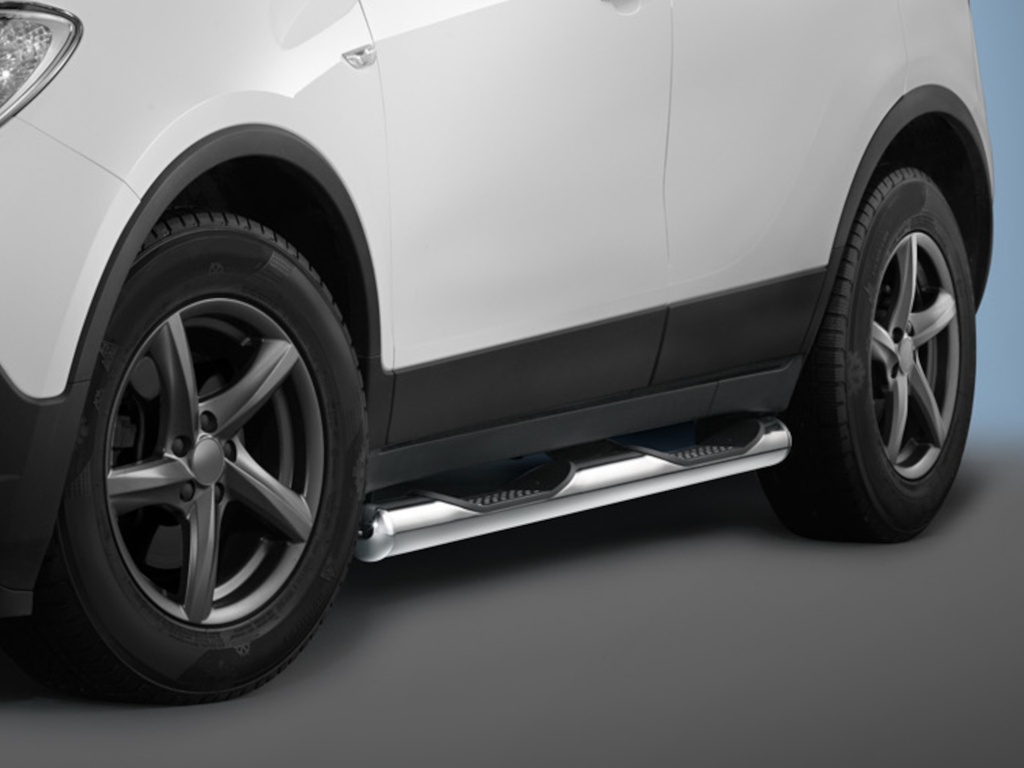 [OPEL1047] Opel Mokka Bj. 12-16, Mokka X Bj.16-19 & Chevrolet Trax Bj. 13-22: COBRA Chrom-Seitenschutzrohre mit Trittstufen